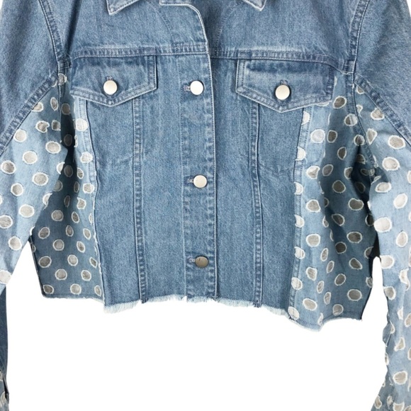 New with tag J Brand Women’s Cyra Polka Dot Panel Crop Denim Blue Jean Jacket - Picture 8 of 16